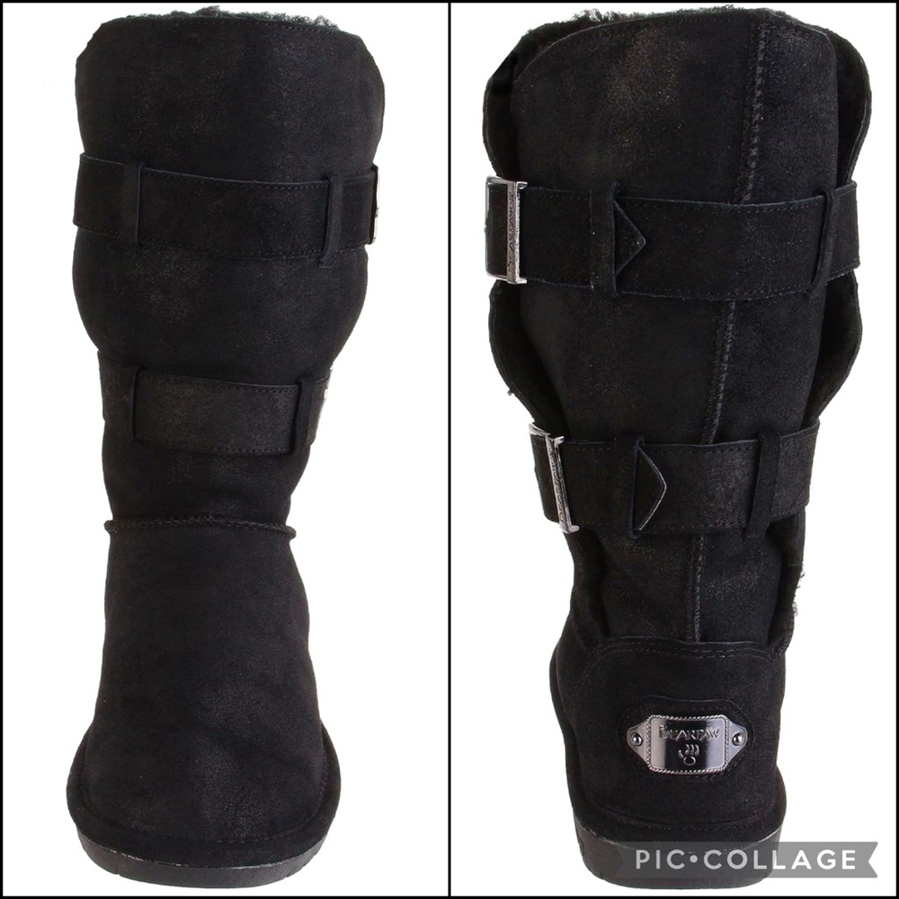 BearPaw Black Sheepskin Suede Leather Lace-Up Mid-Length Tall Shearling Boots - Picture 2 of 13